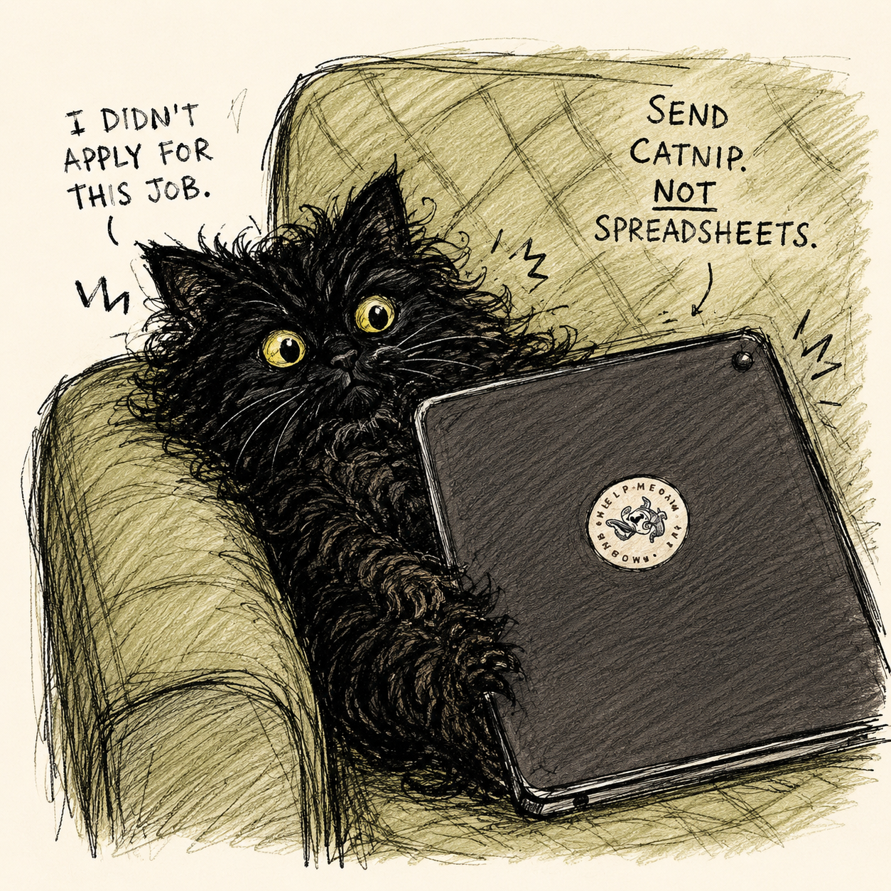 Illustrated portrait of Sydney the black cat